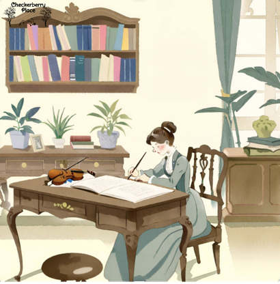 Edwardian lady sitting at desk writing w/ fiddle set aside